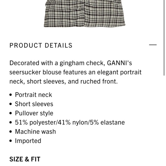 Ganni Seersucker V-neck Blouse Black Mini Check size 4 - Picture 4 of 7